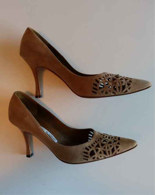 Manolo Blahnik Brown Suede Cutout Heels