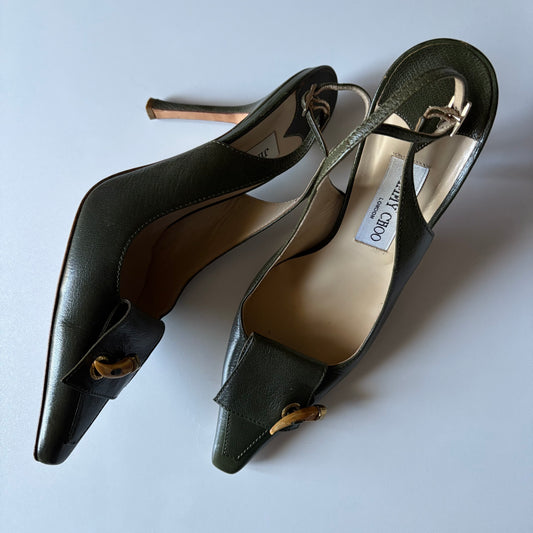 Jimmy Choo green leather slingback heels