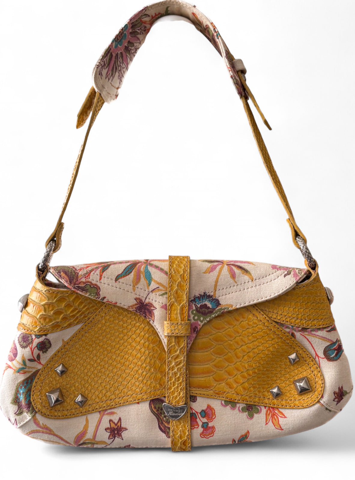 Roberto Cavalli Freedom Floral Canvas & Python-Embossed Leather Shoulder Bag