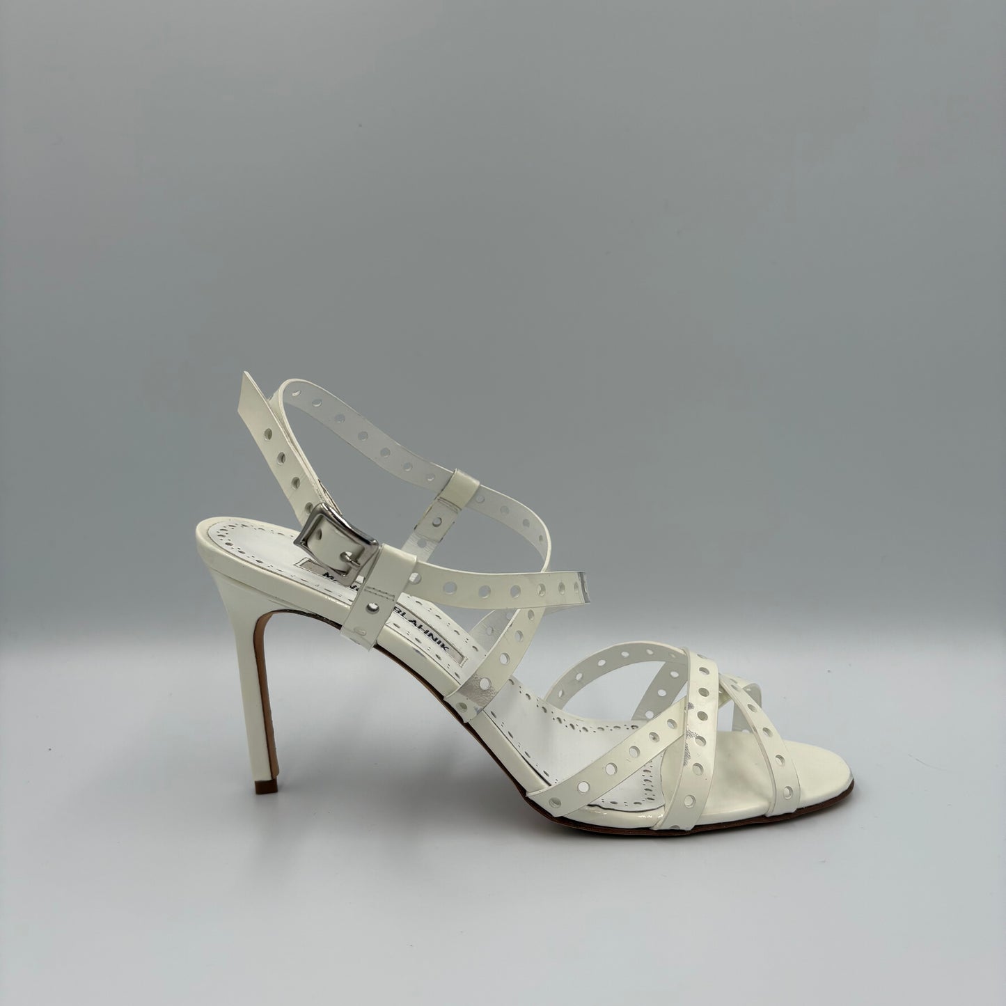 Manolo Blahnik White Patent Leather Eyelet Heel - EU 39
