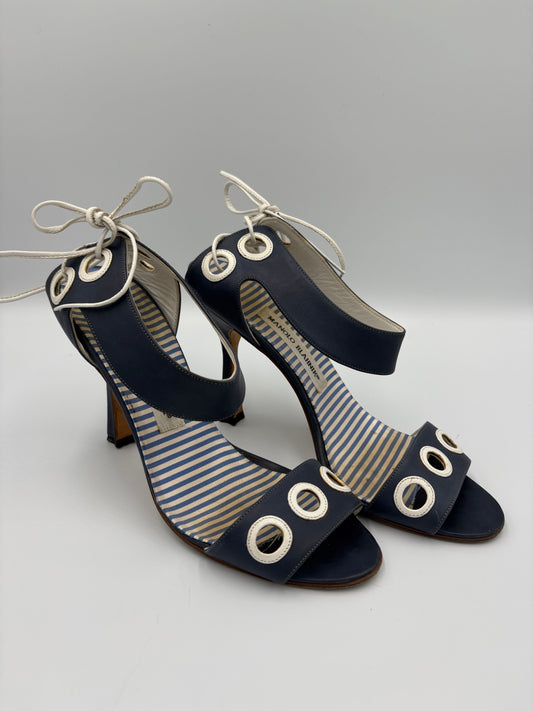 Manolo Blahnik White and Navy Stilettos- EU 39